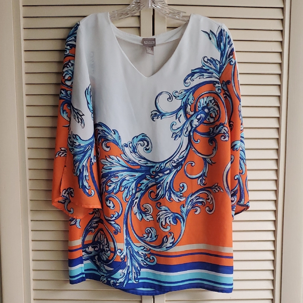 Chico's White Blouse with Blue and Orange Design